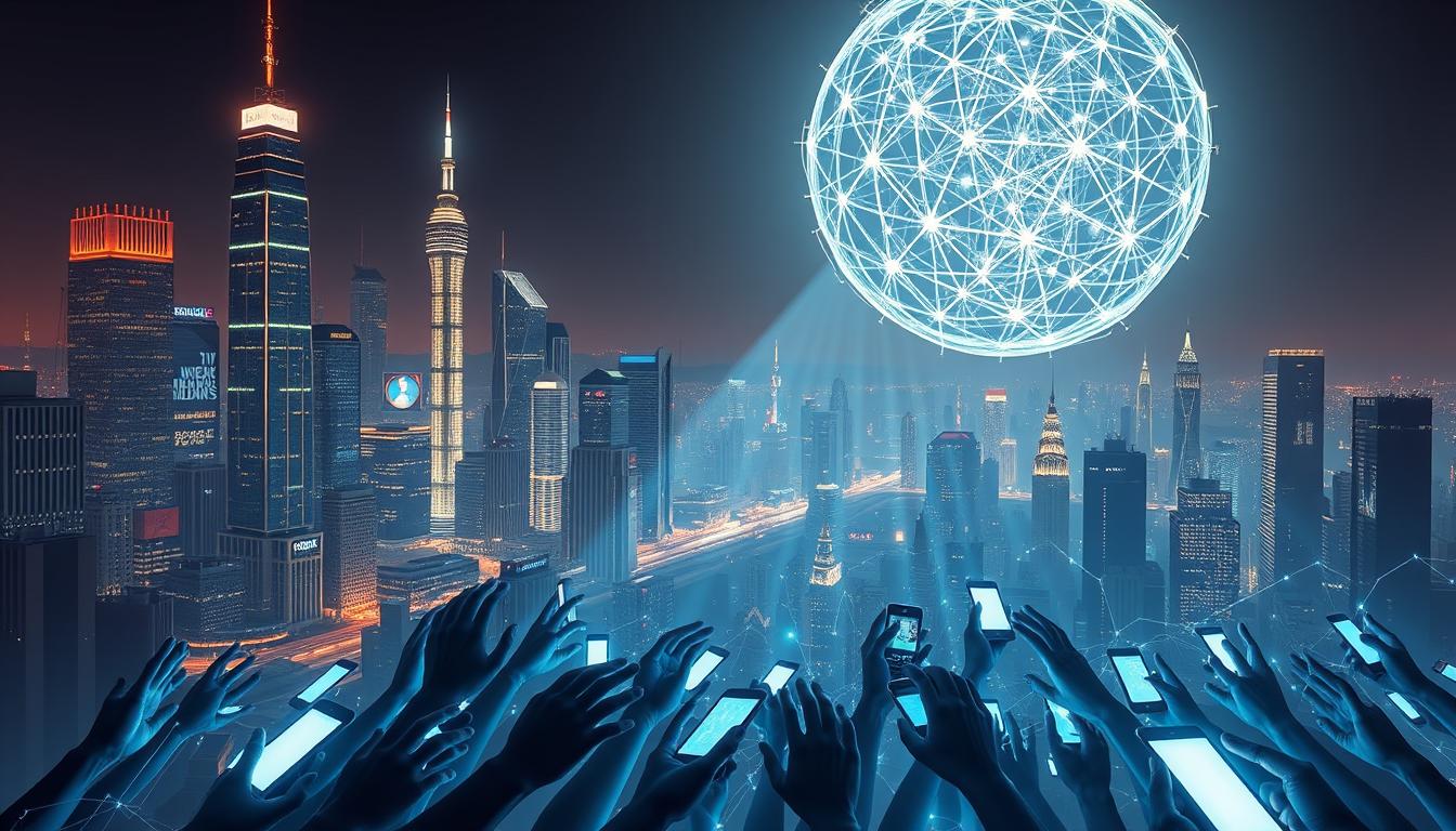A sprawling digital metropolis, its towering skyscrapers emblazoned with glowing social media logos. In the foreground, a tangle of disembodied hands and devices, connected by luminous threads of data. The scene is bathed in a soft, ethereal light, casting long shadows that speak to the pervasive influence of social platforms. Floating above it all, a giant, translucent orb pulsates with ever-shifting patterns, representing the flow of information, trends, and narratives that shape our modern world. The overall mood is one of awe and contemplation, inviting the viewer to consider the far-reaching impact of social media on our lives.