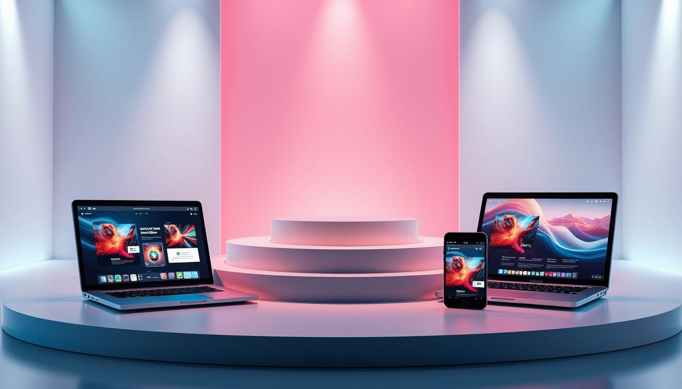 A vibrant, minimalist digital product display showcasing sleek, modern interfaces and devices. The foreground features a laptop, tablet, and smartphone arranged in a harmonious layout, their screens displaying captivating digital content. The middle ground introduces a simple, geometric podium, while the background depicts a clean, futuristic setting with soft, directional lighting that accentuates the product's details. The overall atmosphere is one of innovation, technology, and digital transformation, conveying the essence of a passive income strategy through online courses and digital products.