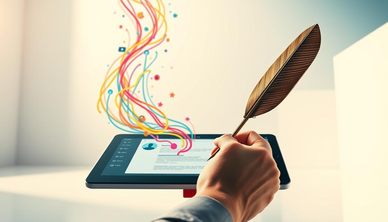 A vibrant, artistically rendered scene depicting the art of effective Threads content writing. In the foreground, a skilled writer's hand holds a stylized quill, poised over a digital tablet displaying a Threads interface. The middle ground features a cascade of colorful threads and icons, symbolizing the interplay of creative expression and social engagement. The background showcases a minimalist, high-contrast setting with clean, geometric shapes and subtle lighting, lending an air of focus and professionalism. The overall composition conveys a sense of inspiration, strategy, and the power of crafting captivating social media content.