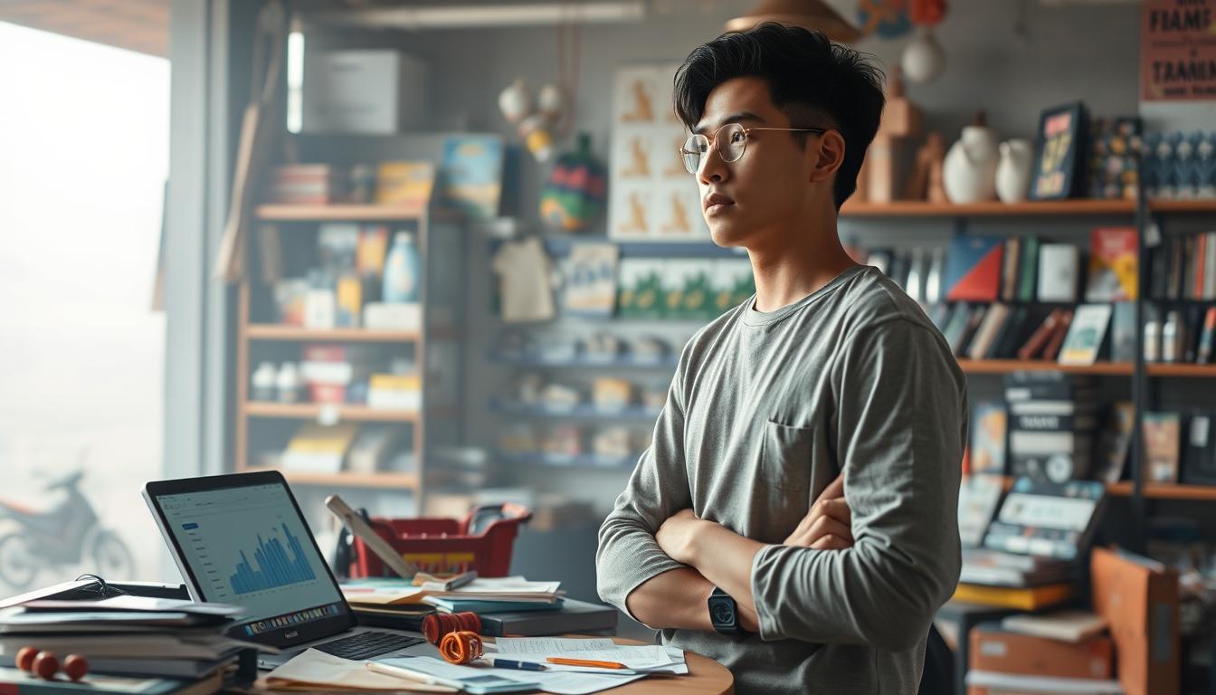 A young entrepreneur stands amidst a bustling online marketplace, contemplating the challenges of launching a new Shopee store. In the foreground, a desk cluttered with product samples, market research, and a laptop displays analytics data. In the middle ground, shelves overflow with potential inventory, each item a carefully curated choice. The background fades into a hazy, uncertain landscape, symbolizing the risks and unknowns faced by new Shopee sellers. Soft, diffused lighting casts a pensive mood, as the merchant ponders strategies to navigate the competitive e-commerce landscape and identify the most promising products and keywords to drive sales.
