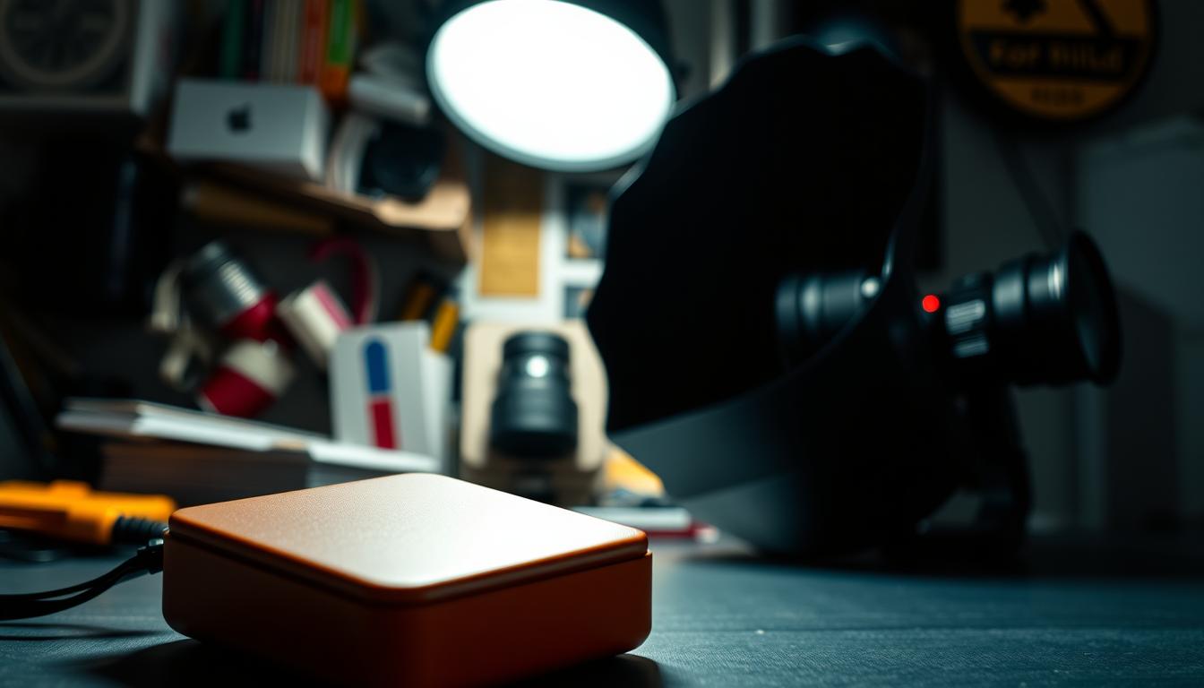 A flat-lay composition of various common product photography mistakes. In the foreground, an unflattering overhead shot of a product with harsh shadows and uneven lighting. In the middle ground, a product photographed against a busy, distracting background. In the background, a product with unsaturated colors and poor depth of field. The scene is illuminated by a single, unbalanced light source, creating unnatural highlights and shadows. The overall mood is clinical and uninviting, demonstrating how easily common errors can undermine a product's visual appeal.