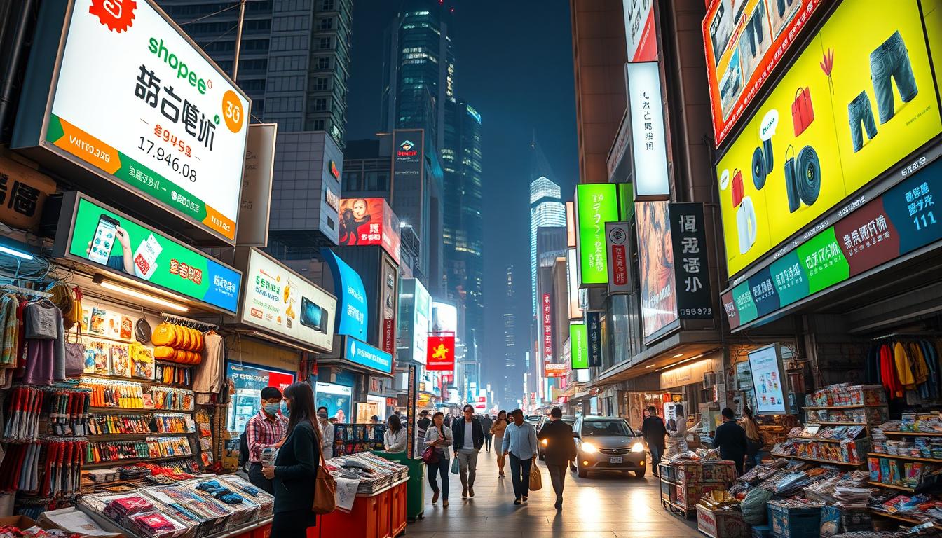 A bustling Taiwanese e-commerce marketplace, Shopee, fills the frame. In the foreground, independent sellers showcase their diverse wares - from handcrafted artisanal goods to trendy electronics. The middle ground features towering digital billboards, showcasing the latest promotions and bestselling products. In the background, a vibrant cityscape of high-rise buildings and neon-lit streets creates an energetic, tech-savvy atmosphere. Warm, diffused lighting casts a soft glow, highlighting the dynamism and potential of this thriving online commercial hub. A sense of opportunity and growth permeates the scene, hinting at the success stories that emerge from this competitive yet rewarding Taiwanese e-commerce landscape.