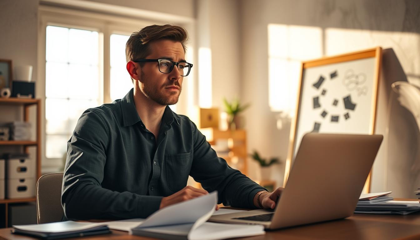 An office workspace with a laptop, documents, and a thoughtful business owner contemplating the transition of his online store. The scene is bathed in warm, natural lighting from a large window, casting a cozy and contemplative atmosphere. The entrepreneur's expression is one of focus and determination as he considers strategies to adapt his ecommerce business to the changing market. Subtle details like shelves of product samples and a whiteboard with scribbled notes hint at the process of reinventing his operations. The overall mood conveys a sense of change, growth, and the embracing of new opportunities.