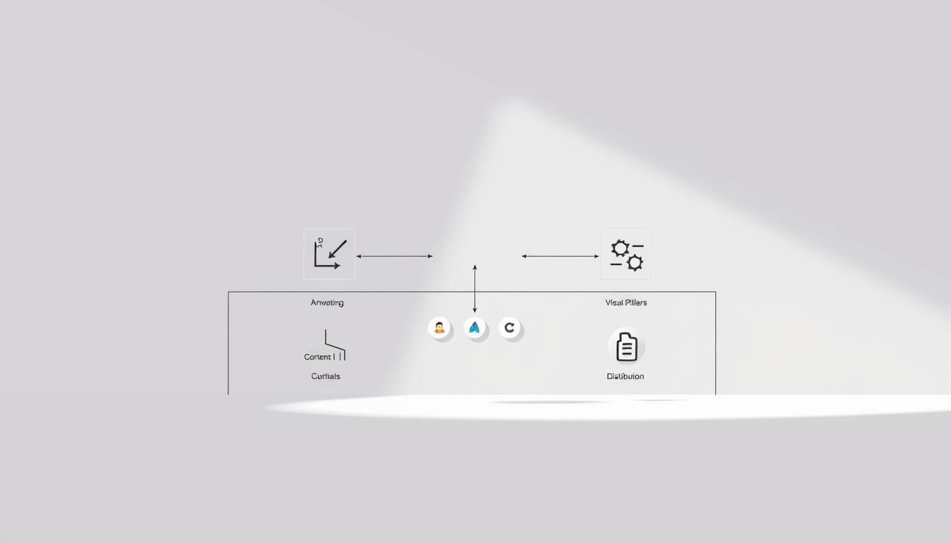 A modern and minimalist illustration showcasing the structure and content strategy of a brand. In the foreground, a series of geometric shapes and lines representing the different elements of a brand's content framework - core messaging, visual identity, content pillars, and distribution channels. The middle ground features a trio of abstract brand icons, symbolizing the intersection of brand and content. The background is a clean, monochromatic gradient, creating a sense of balance and simplicity. Soft, directional lighting from the top left casts subtle shadows, adding depth and dimension to the composition. The overall mood is one of sophistication, clarity, and strategic intent.