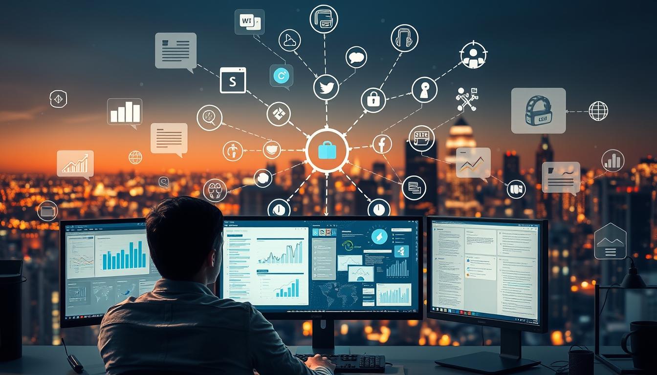 A well-organized, visually captivating information gathering process. In the foreground, a person studying data visualizations on multiple screens, surrounded by floating icons representing different information sources - reports, news articles, social media feeds, and databases. In the middle ground, a networked diagram showcases the flow of information, with arrows connecting the various inputs to a central hub. In the background, a cityscape backdrop suggests the broader business and economic context. Soft, warm lighting illuminates the scene, creating an atmosphere of focus and productivity. The overall composition conveys a systematic, technology-driven approach to business intelligence gathering.
