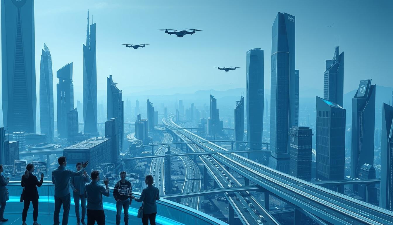 A futuristic cityscape filled with towering skyscrapers and sleek, angular architecture. In the foreground, a group of people interacting with holographic displays, manipulating data with their hands. The city is bathed in a cool, blue-tinted lighting, creating a sense of technological sophistication. In the middle ground, autonomous vehicles glide silently along elevated highways, while drones zip through the air. The background is a hazy horizon, with the faint outlines of mountains or other natural features, suggesting the integration of technology and the natural world. The overall mood is one of innovation, progress, and the seamless blending of human and artificial intelligence.