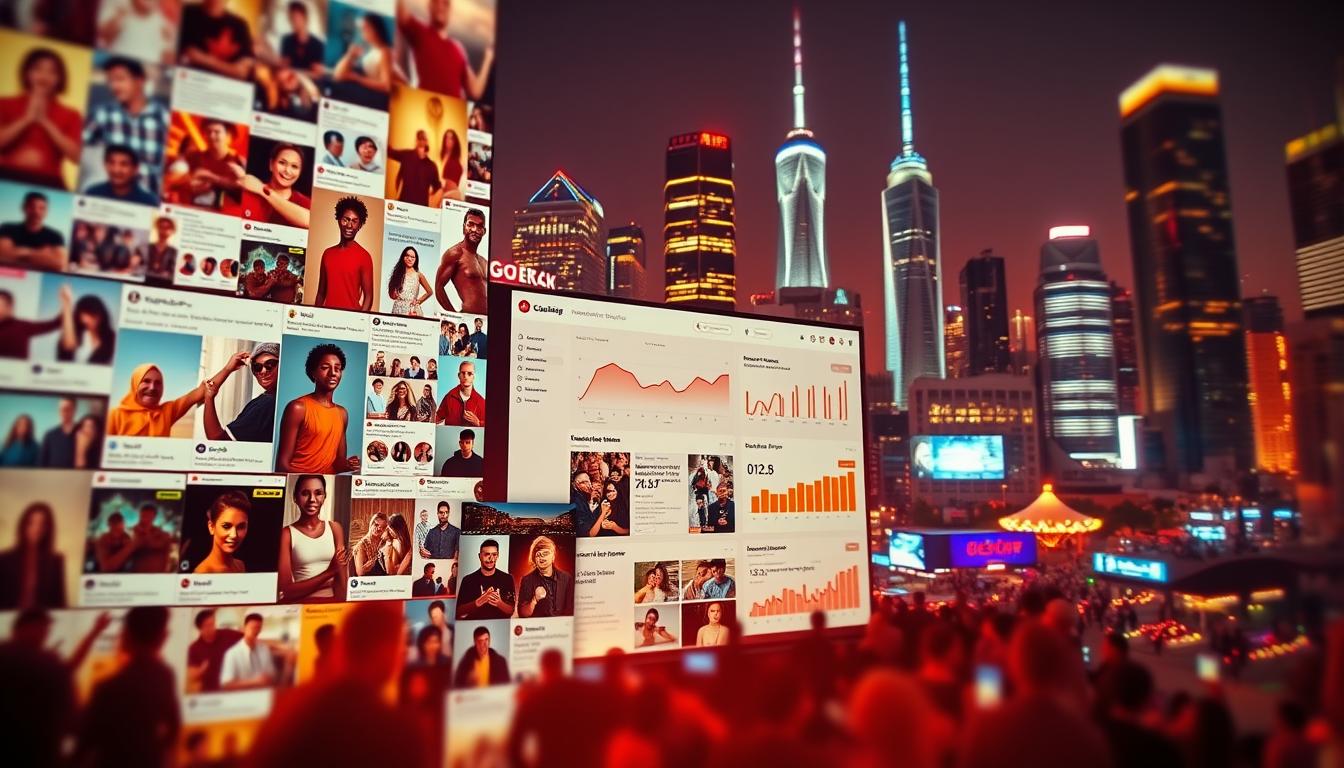 A bustling social media feed showcasing successful case studies of community-driven sales. In the foreground, a collage of vibrant social media posts, product photos, and testimonials from satisfied customers. The middle ground features a sleek dashboard displaying real-time analytics and engagement metrics. In the background, a city skyline with neon-lit high-rises, conveying the dynamic and technology-driven nature of modern commerce. Warm, saturated lighting sets an energetic tone, while a cinematic depth-of-field highlights the key elements. The overall scene captures the essence of a thriving, data-driven social commerce ecosystem.