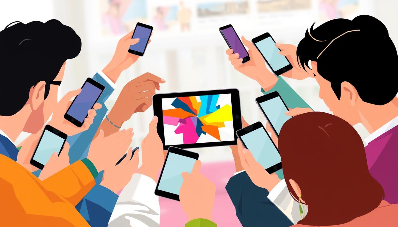 A visually appealing digital illustration depicting a group of people enthusiastically sharing and engaging with an eye-catching, colorful graphic on various digital devices. The foreground features a diverse array of hands, smartphones, and tablets, all interacting with the central shareable content. The middle ground showcases a vibrant, abstract design element that invites curiosity and resonates with the target audience. The background maintains a blurred, softly-lit setting, allowing the focal point of the shareable content to take center stage. The overall mood is one of excitement, connectivity, and the power of engaging, shareable digital content.