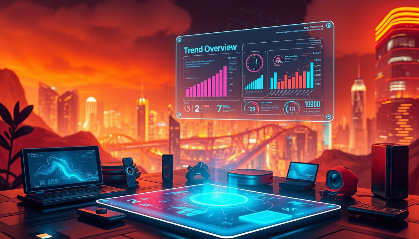 A high-tech landscape showcasing the latest AI trends and technologies. In the foreground, a holographic display projects a dynamic infographic with data visualizations and charts, capturing the essence of the "Trend Overview" concept. The middle ground features sleek, futuristic devices and gadgets, hinting at the innovative tools available to marketers, designers, and e-commerce entrepreneurs. The background depicts a cityscape bathed in a vibrant, neon-tinged atmosphere, conveying the excitement and momentum of the "2025 Generative AI Wave." The scene is illuminated by a warm, diffused lighting that lends a sense of depth and dimensionality, creating a captivating and immersive visual experience.