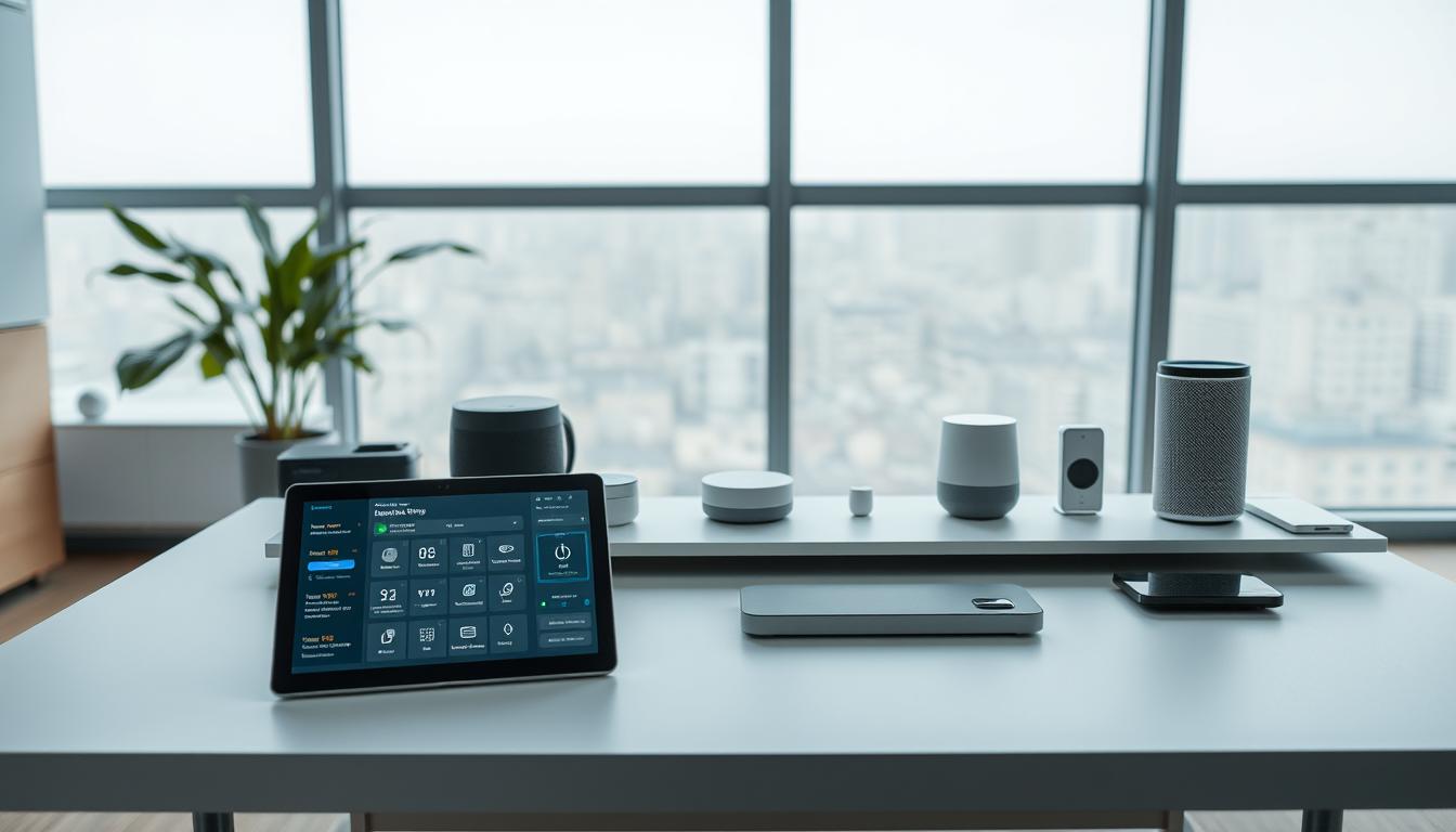 A modern and minimalist office workspace, featuring a variety of automation tools neatly arranged on a sleek, minimalist desk. In the foreground, an elegant tablet or laptop displays intuitive software interfaces for task scheduling, workflow management, and data analysis. The middle ground showcases smart home hubs, voice assistants, and wireless charging docks, seamlessly integrated for a streamlined, connected experience. The background features a large, floor-to-ceiling window, allowing natural light to flood the space and create a serene, productive atmosphere. The overall scene conveys a sense of efficiency, organization, and the power of technology to enhance productivity and simplify daily routines.