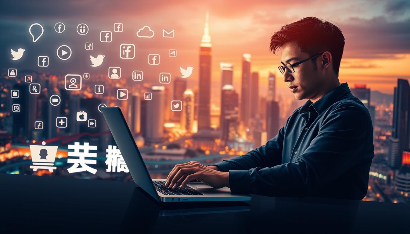 A visually striking illustration of "內容策略" with a compelling narrative. In the foreground, a person intently crafting digital content on a sleek, minimalist laptop, their expression focused and purposeful. The middle ground features an array of social media icons and symbols, each pulsing with a subtle glow, hinting at the active engagement and reach of the content. In the background, a vibrant cityscape with towering skyscrapers, conveying the scale and dynamism of the digital landscape. Soft, warm lighting illuminates the scene, creating an atmosphere of creativity, innovation, and the power of strategic content. Shot with a wide-angle lens to capture the breadth of the concept, this image visually encapsulates the transition from passive posting to proactive, search-driven marketing.