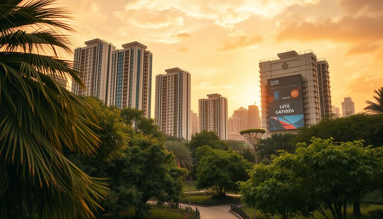 A serene urban landscape, with a balance of natural and digital elements. In the foreground, a lush park with swaying trees and a winding path. Midground features modern high-rise buildings, their facades adorned with discreet, tasteful digital advertisements that seamlessly integrate with the architecture. The sky above is bathed in warm, golden hour lighting, casting a soft glow over the entire scene. The overall impression is one of harmony between the built and natural environments, where brand messaging complements rather than overwhelms the viewer's experience. Subtle, ambient audio enhances the tranquil atmosphere.