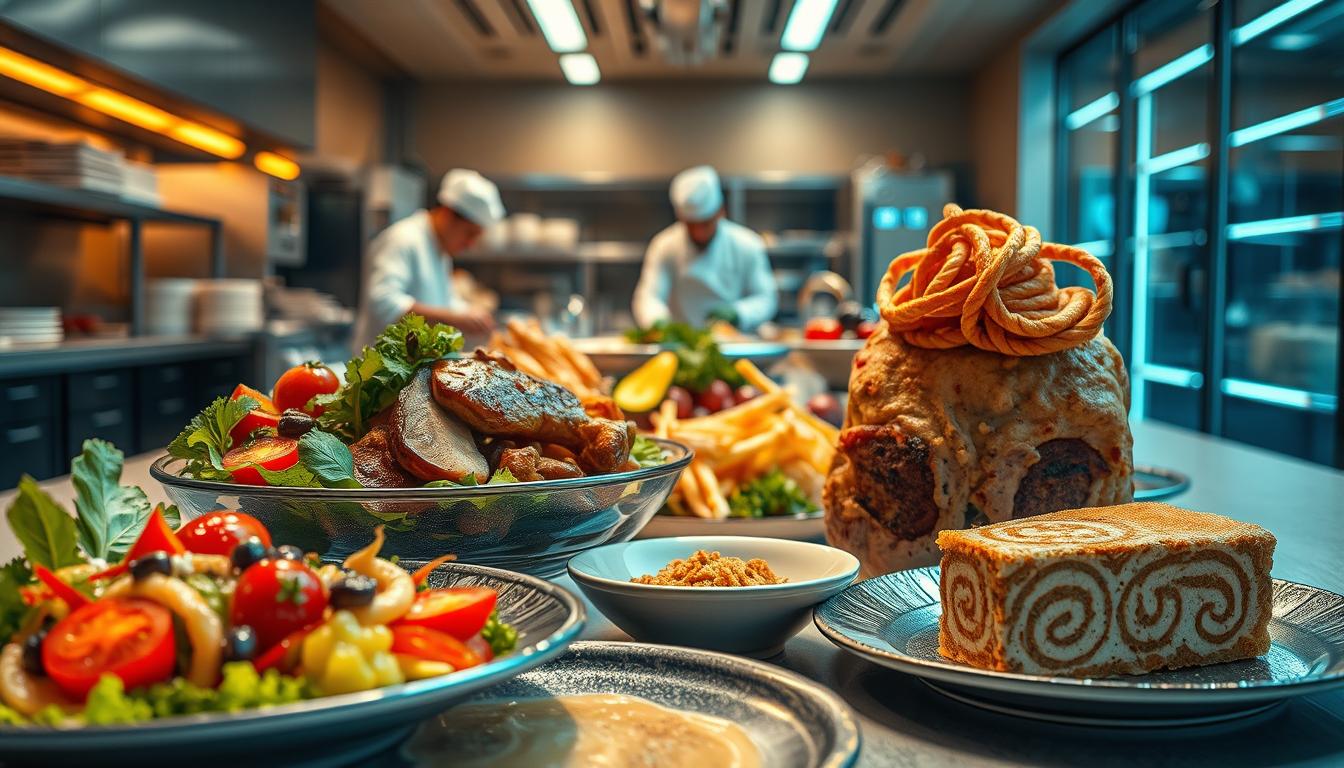 A mouthwatering, highly detailed image of a delectable AI-generated feast. In the foreground, a sumptuous spread of meticulously crafted dishes - a vibrant salad with glistening vegetables, a tender, slow-roasted meat dish, and a decadent dessert adorned with intricate patterns. The middle ground showcases the skillful preparation, with chefs in a state-of-the-art kitchen using advanced culinary tools and techniques. In the background, a sleek, high-tech laboratory setting, hinting at the innovative AI technology powering the image generation. Soft, warm lighting bathes the scene, creating an inviting, appetizing atmosphere. The entire composition evokes a sense of culinary excellence, technological prowess, and the synergy between man and machine in the creation of visually stunning, mouthwatering food imagery.