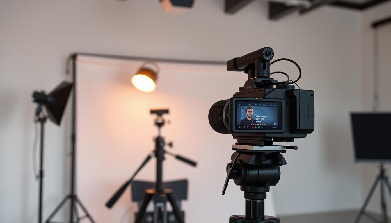 A professional video production setup with a modern, clean aesthetic. In the foreground, a high-quality video camera on a sturdy tripod, its lens focused intently on the scene. In the middle ground, a simple but effective lighting rig casts a warm, flattering glow over the subject area. The background features a minimalist backdrop, perhaps a solid-colored wall or a simple pattern, allowing the viewer's attention to remain on the video equipment and the potential subject. The overall mood is one of efficiency, professionalism, and a subtle hint of creativity - the perfect setting for crafting impactful video content for an e-commerce platform.