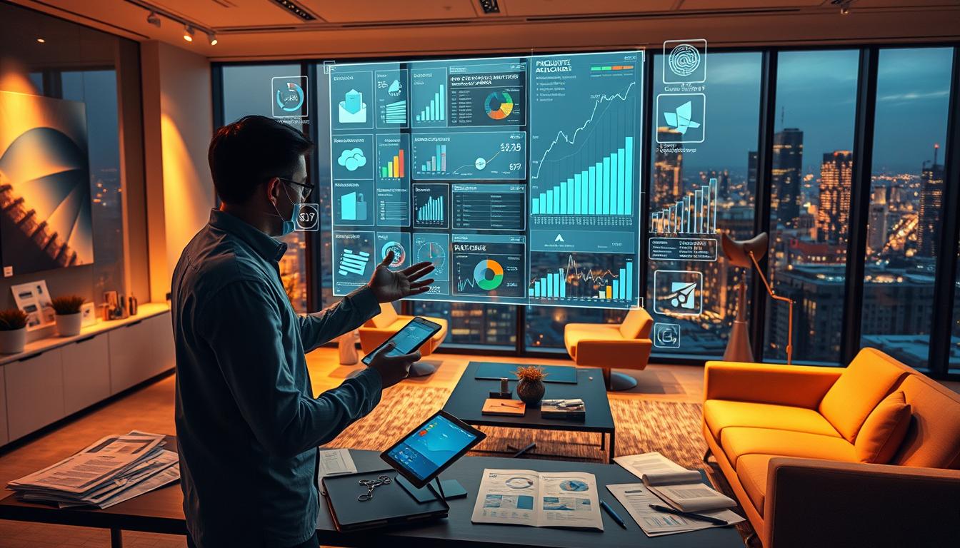 A bustling office scene with a data analyst intently studying a large holographic display showcasing various product categories, sales trends, and market insights. The room is bathed in a warm, ambient glow, creating a sense of focus and innovation. In the foreground, the analyst gestures towards the display, surrounded by scattered reports, charts, and a tablet device. The background features modern, minimalist furniture and a large window overlooking a dynamic city skyline. The overall atmosphere conveys the transformative power of AI-driven analysis in revolutionizing product discovery and market insights.