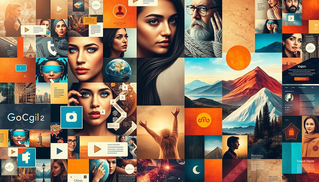 A vibrant digital collage showcasing the power of visual elements and emotional resonance to captivate social media audiences. In the foreground, a dynamic arrangement of clickable icons, buttons, and interactive UI components beckons the viewer to engage. The middle ground features a mosaic of evocative imagery, ranging from relatable human expressions to inspiring natural landscapes, each designed to cultivate a deep sense of connection. The background layer blends abstract textures, gradients, and subtle geometric patterns, creating a visually striking and cohesive composition. Warm, soft lighting illuminates the scene, evoking a sense of approachability and inviting the viewer to linger and explore. The overall aesthetic is a harmonious fusion of technology and emotion, inspiring the viewer to craft social content that captivates and compels.