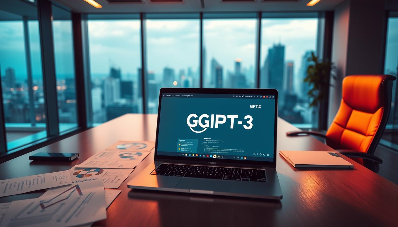 A sleek, modern office setting with a large desk and ergonomic chair. In the foreground, a laptop displaying the GPT-3 logo and chatbot interface, bathed in warm, directional lighting. The middle ground features technical diagrams, code snippets, and design mockups scattered across the desk, hinting at the complexity of chatbot development. In the background, a panoramic window overlooking a bustling city skyline, conveying a sense of innovation and technological progress. The overall mood is one of focused, collaborative work in the pursuit of cutting-edge AI development.