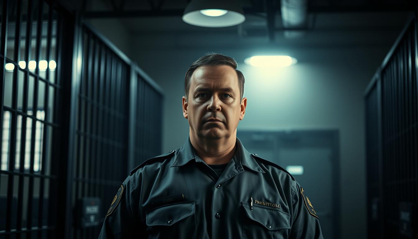 A dimly lit, institutional interior with strong shadows and highlights, showcasing a corrections officer in a jail warden's uniform standing authoritatively in the foreground. The warden's expression is stern and vigilant, conveying the responsibilities and gravity of the role. The background features the bars and cells of a prison, conveying the controlled and disciplined environment in which the warden operates. The lighting is dramatic, with a single overhead spotlight illuminating the warden's face and uniform, while the rest of the scene is shrouded in shadows, emphasizing the warden's central role and the seriousness of the job. The overall mood is one of order, duty, and the importance of maintaining security and discipline in a correctional facility.
