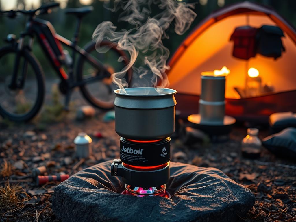 Jetboil Flash cooking system being used at bikepacking campsite