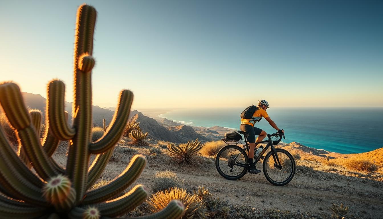 Bikepacker riding through desert landscape on the Baja Divide with Sea of Cortez visible