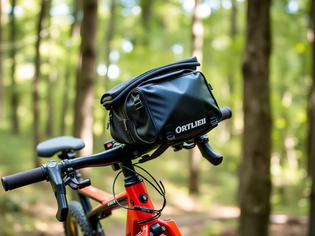 Ortlieb handlebar pack mounted on mountain bike handlebars in forest setting