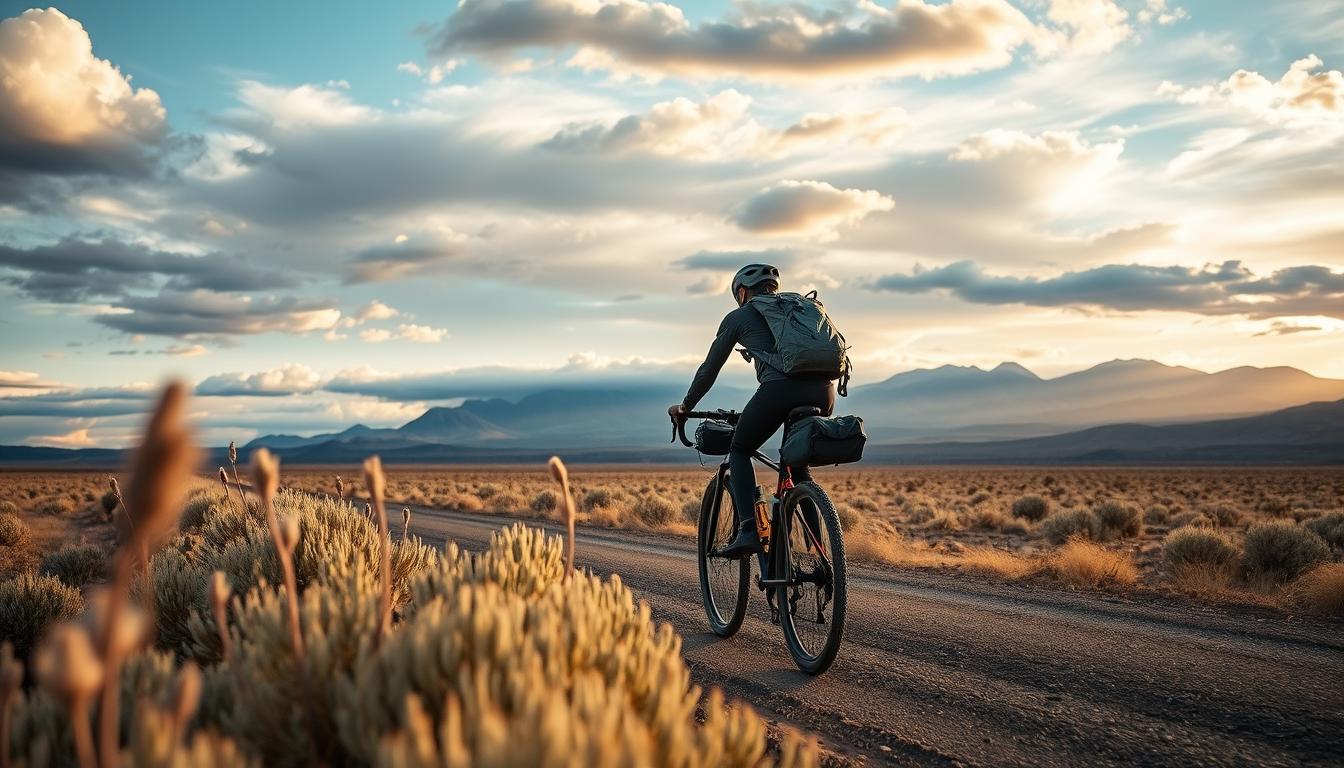 Cyclist on gravel road through Oregon's high desert on the Oregon Outback route