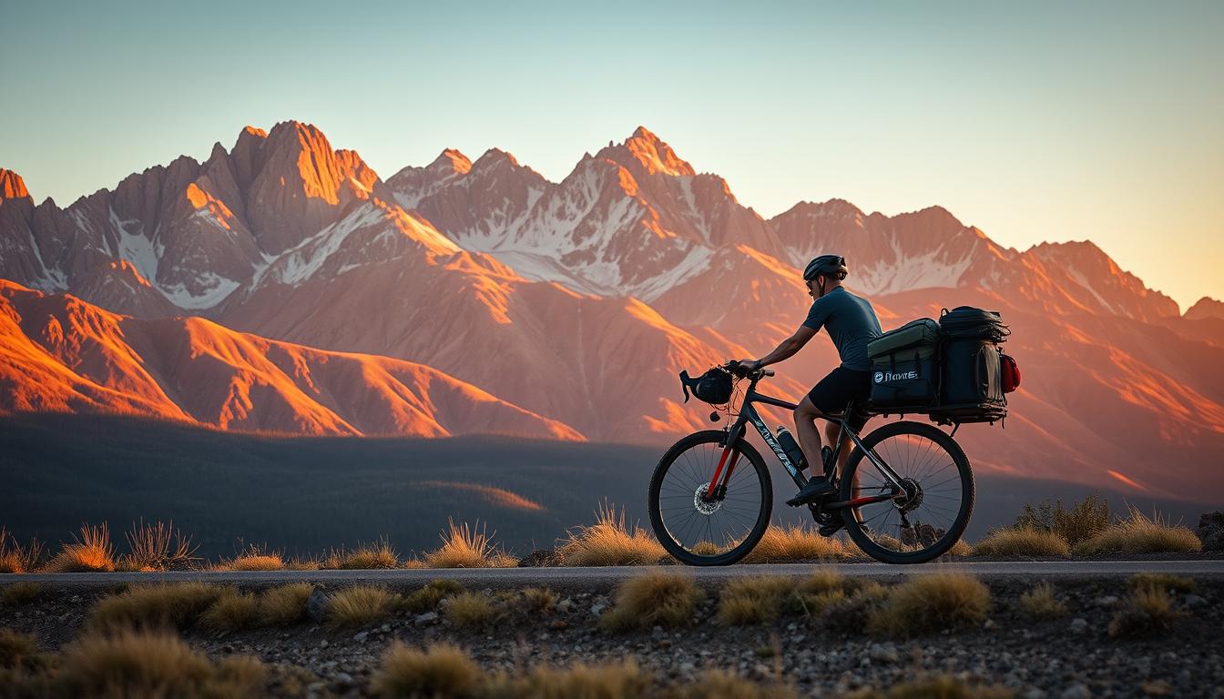 Cyclist on the Great Divide Mountain Bike Route with mountain backdrop in Montana