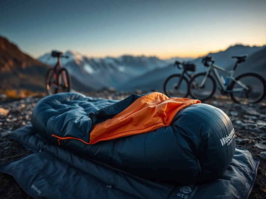 Western Mountaineering UltraLite sleeping bag in mountain campsite with bike