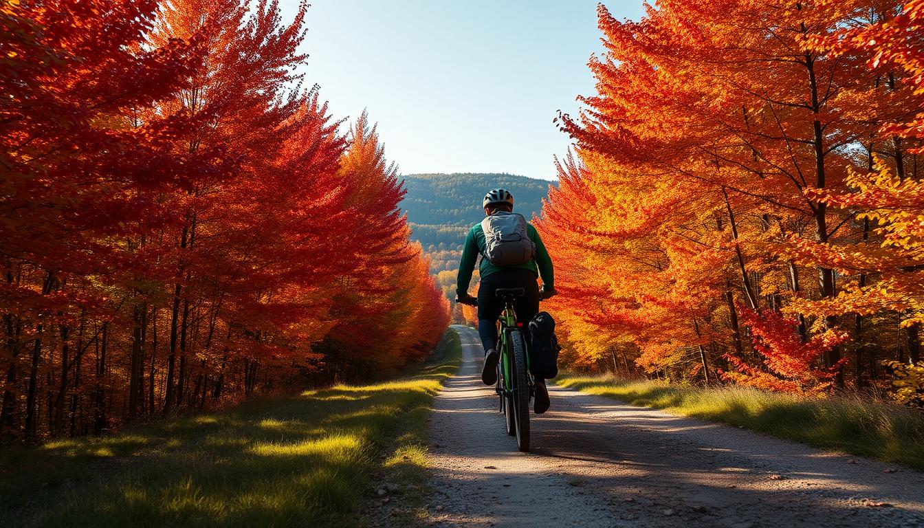Cyclist on dirt road through autumn foliage on Vermont Green Mountain Loop