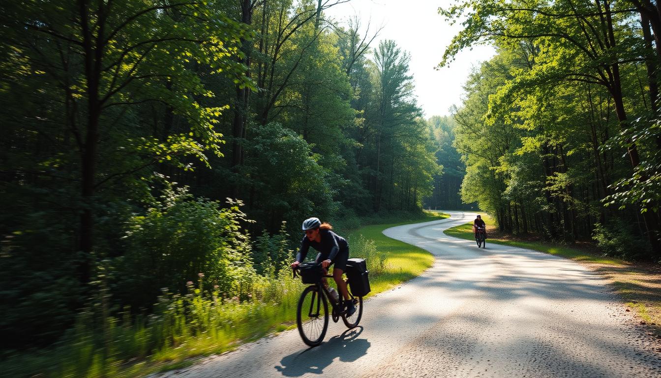 Cyclist on gravel road through Ozark forests on the Arkansas High Country Route