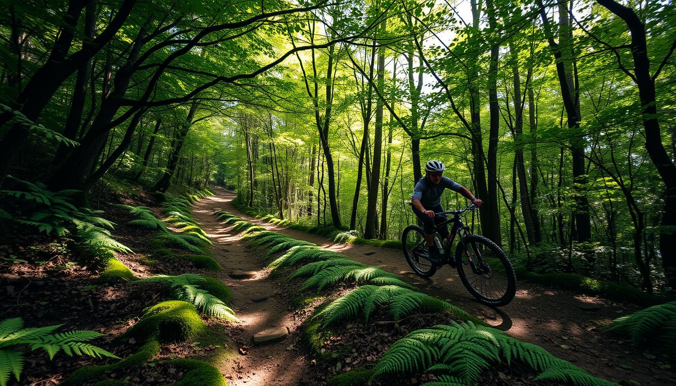 Mountain biker on singletrack through Pisgah National Forest on Trans-North Carolina route