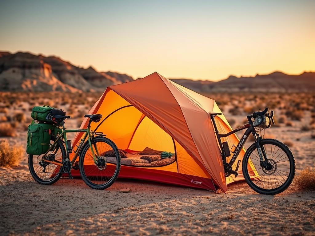 Lightweight bikepacking tent set up in desert terrain with bike nearby