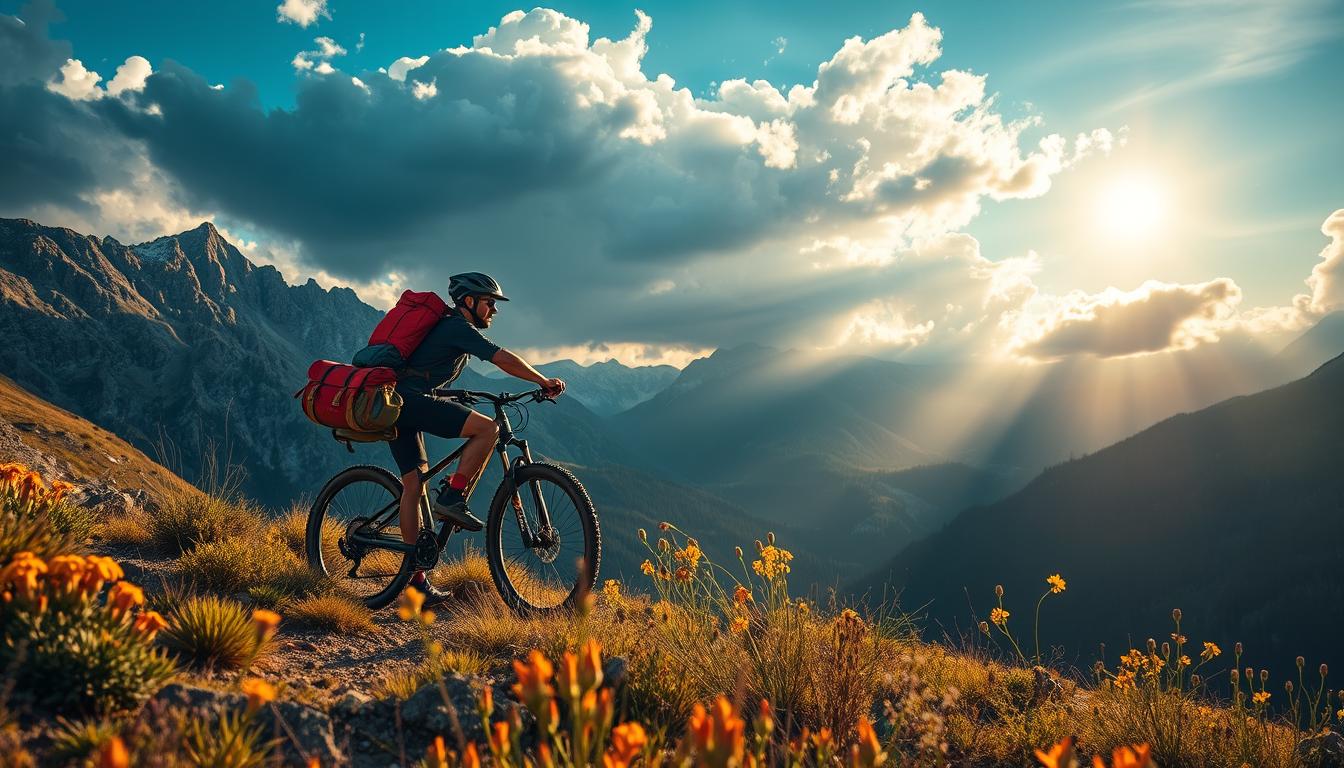 Mountain biker on alpine singletrack of the Colorado Trail with mountain views