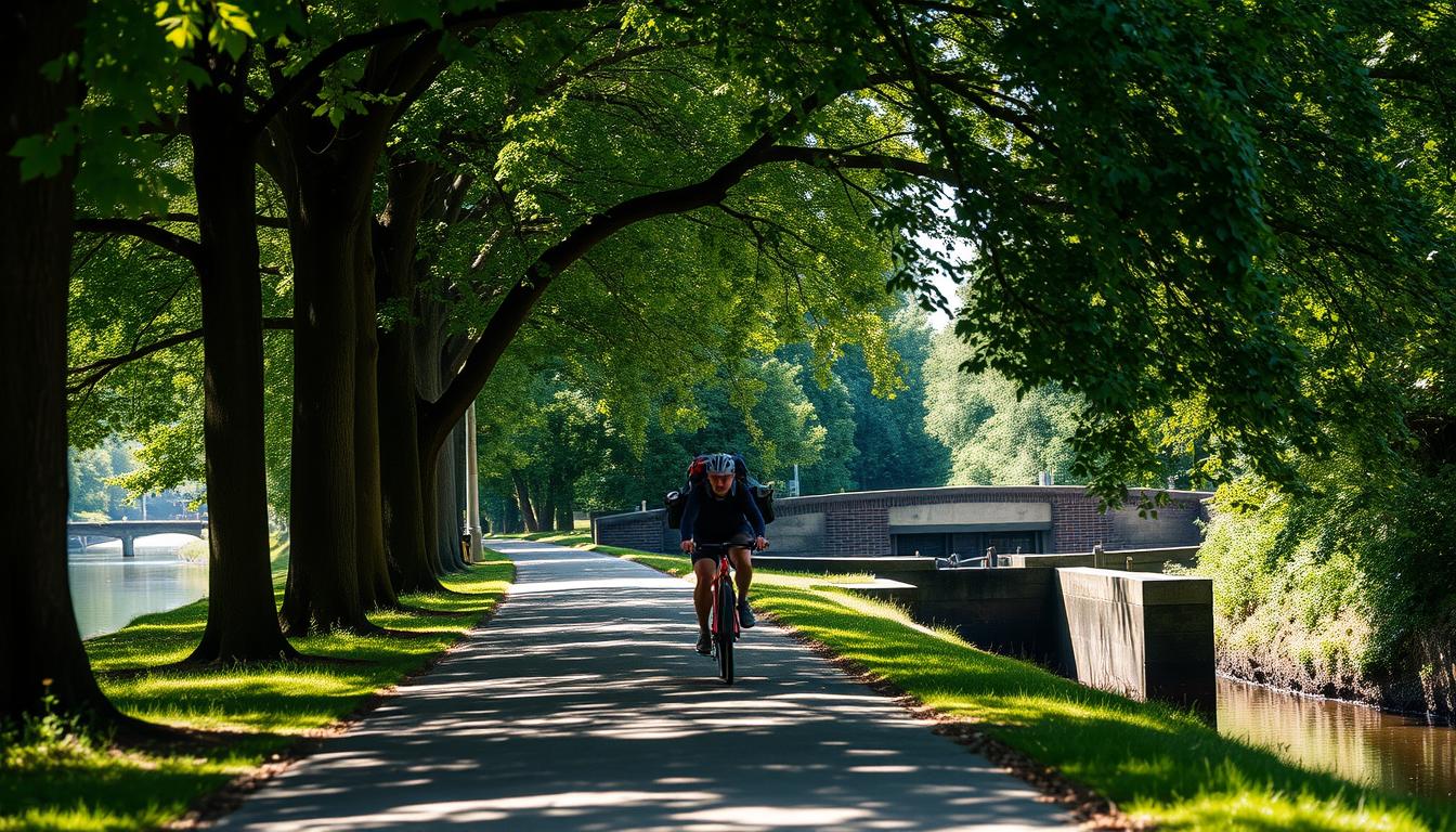 Cyclist on tree-lined C&O Canal Towpath with historic canal structures