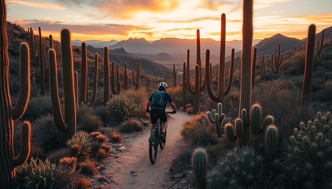 Bikepacker riding through saguaro cacti on the Arizona Trail at sunset