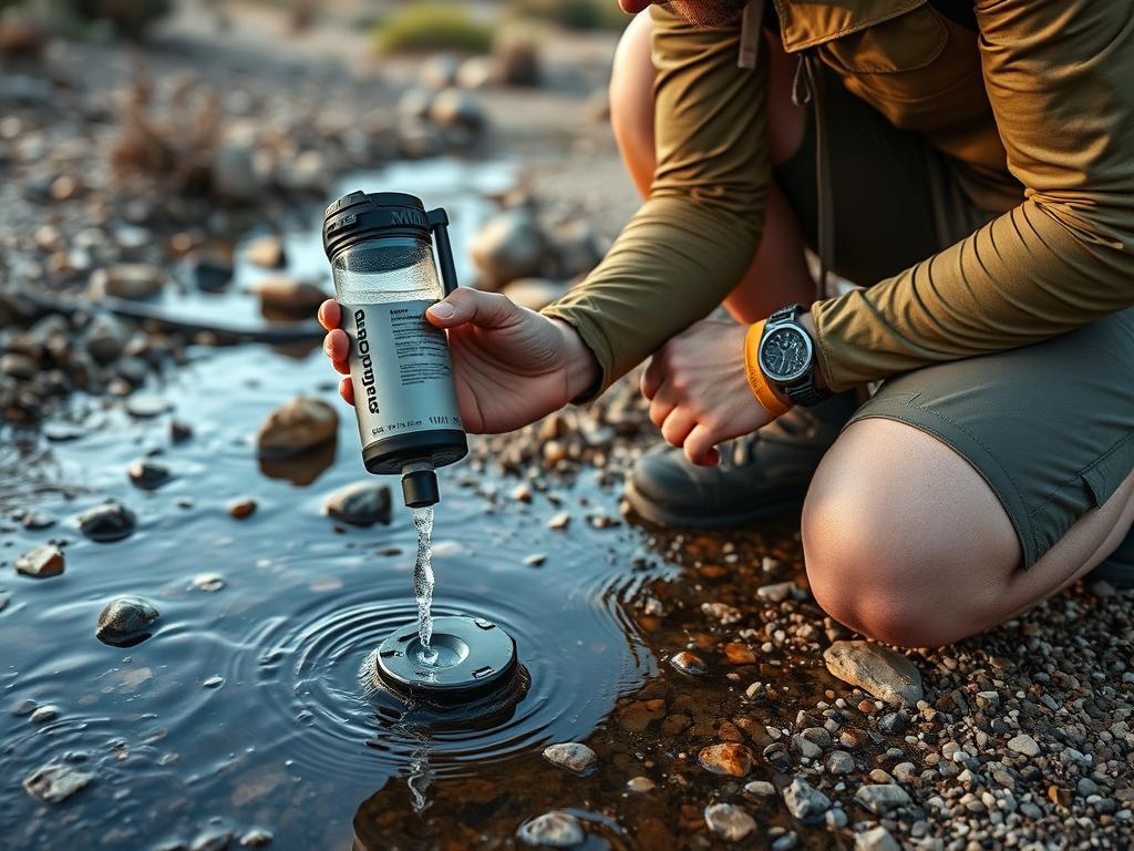 MSR Guardian water purifier being used to filter water from a desert stream