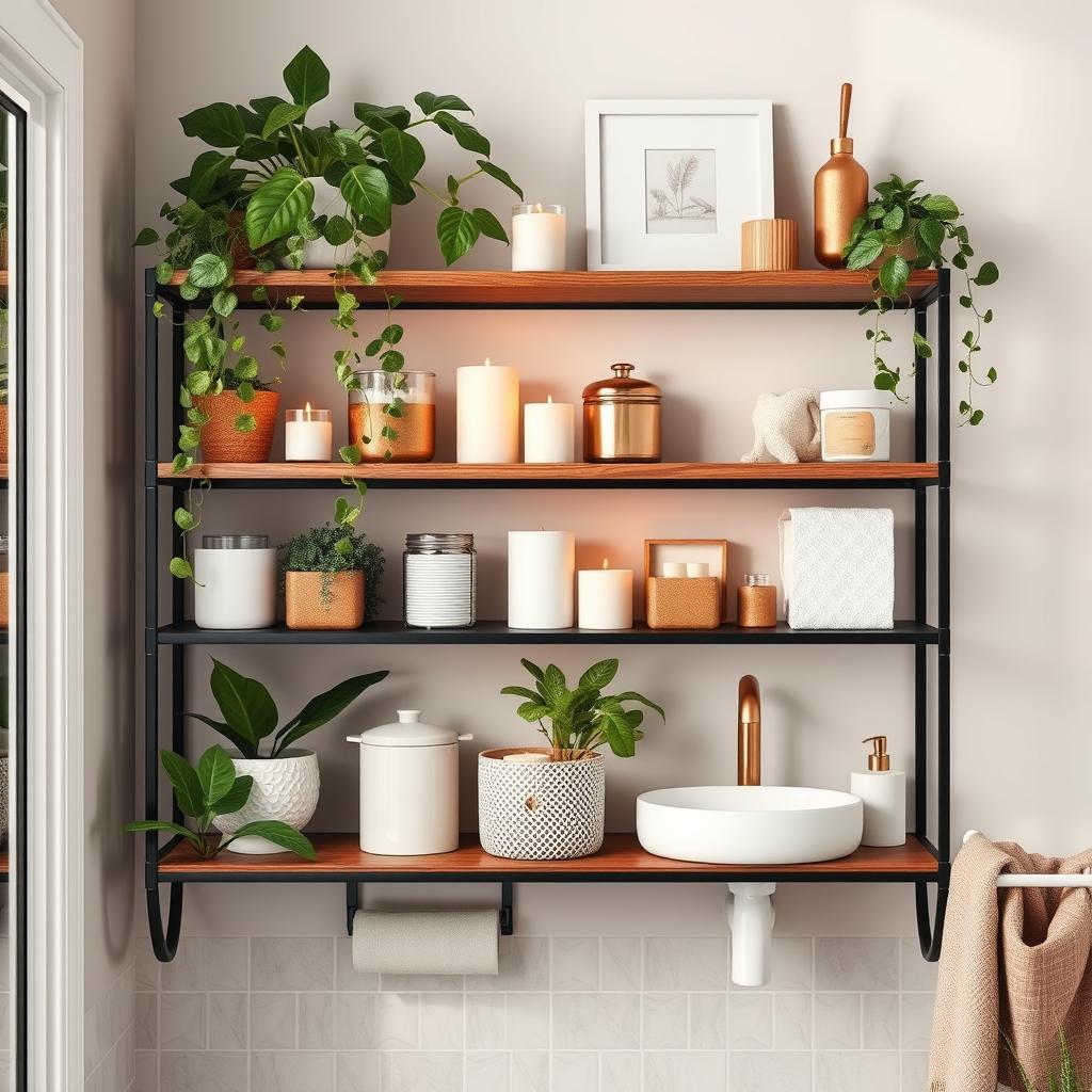 Updating Bathroom Fixtures on a Budget: Top Tips 9 Generate image of a bathroom shelf with decorative items