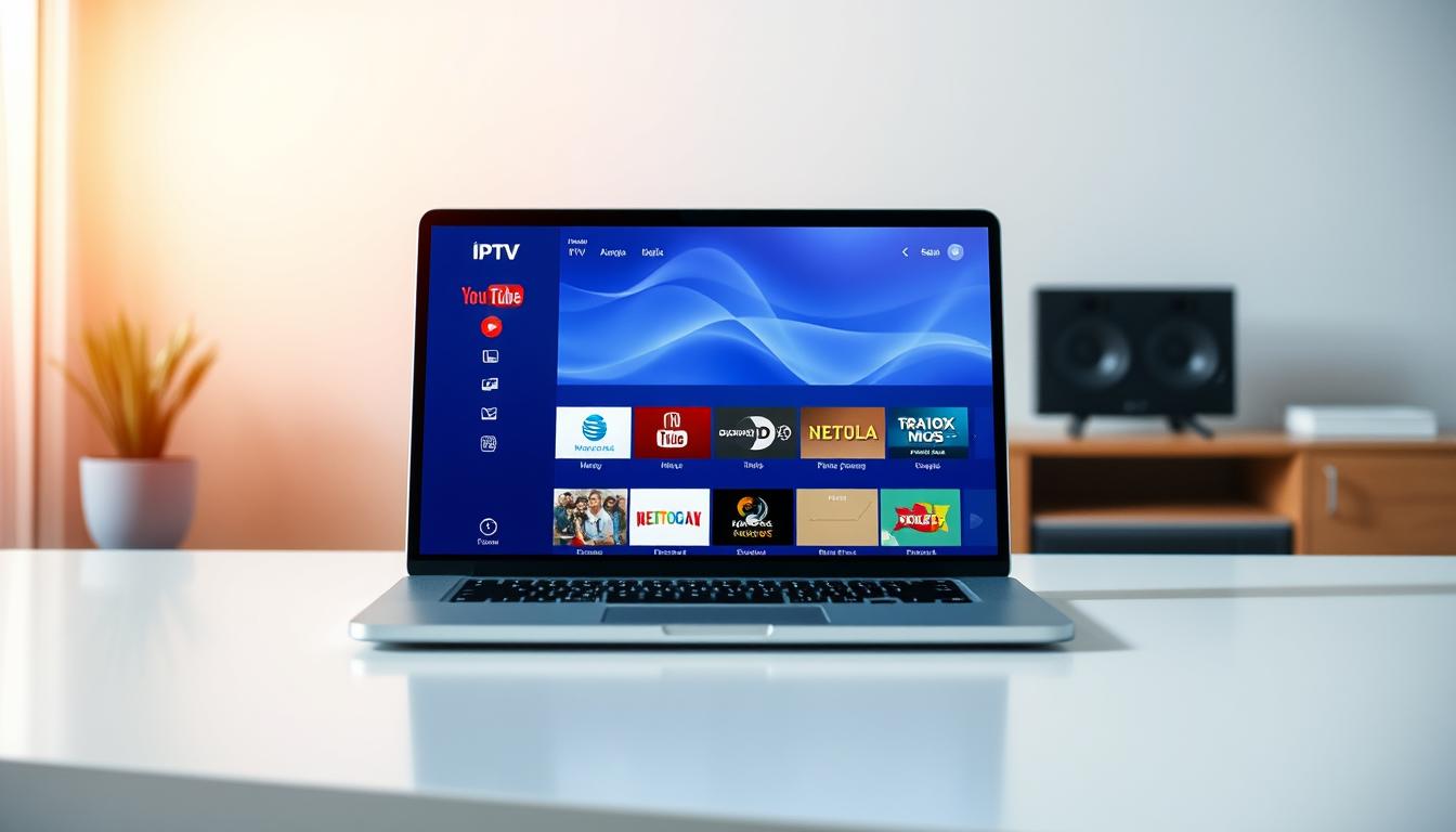 A sleek, modern image depicting "prueba iptv" that would be suitable for the specified article section. The image should show a laptop or tablet device prominently in the center, displaying an IPTV service interface with a clean, intuitive design. Place the device on a minimalist desk or table, with the background softly blurred to draw the viewer's attention to the screen. The lighting should be bright and natural, with a warm, inviting tone. Use a slightly elevated camera angle to create a sense of authority and professionalism. Ensure that the overall composition is well-balanced and aesthetically pleasing. The mood should convey a sense of reliability, accessibility, and technological sophistication - qualities that would appeal to someone seeking a high-quality IPTV service in Spain. Laptop or tablet device displaying IPTV service interface, centered on minimalist desk or table, bright natural lighting, slightly elevated camera angle, warm, inviting tone, balanced composition.