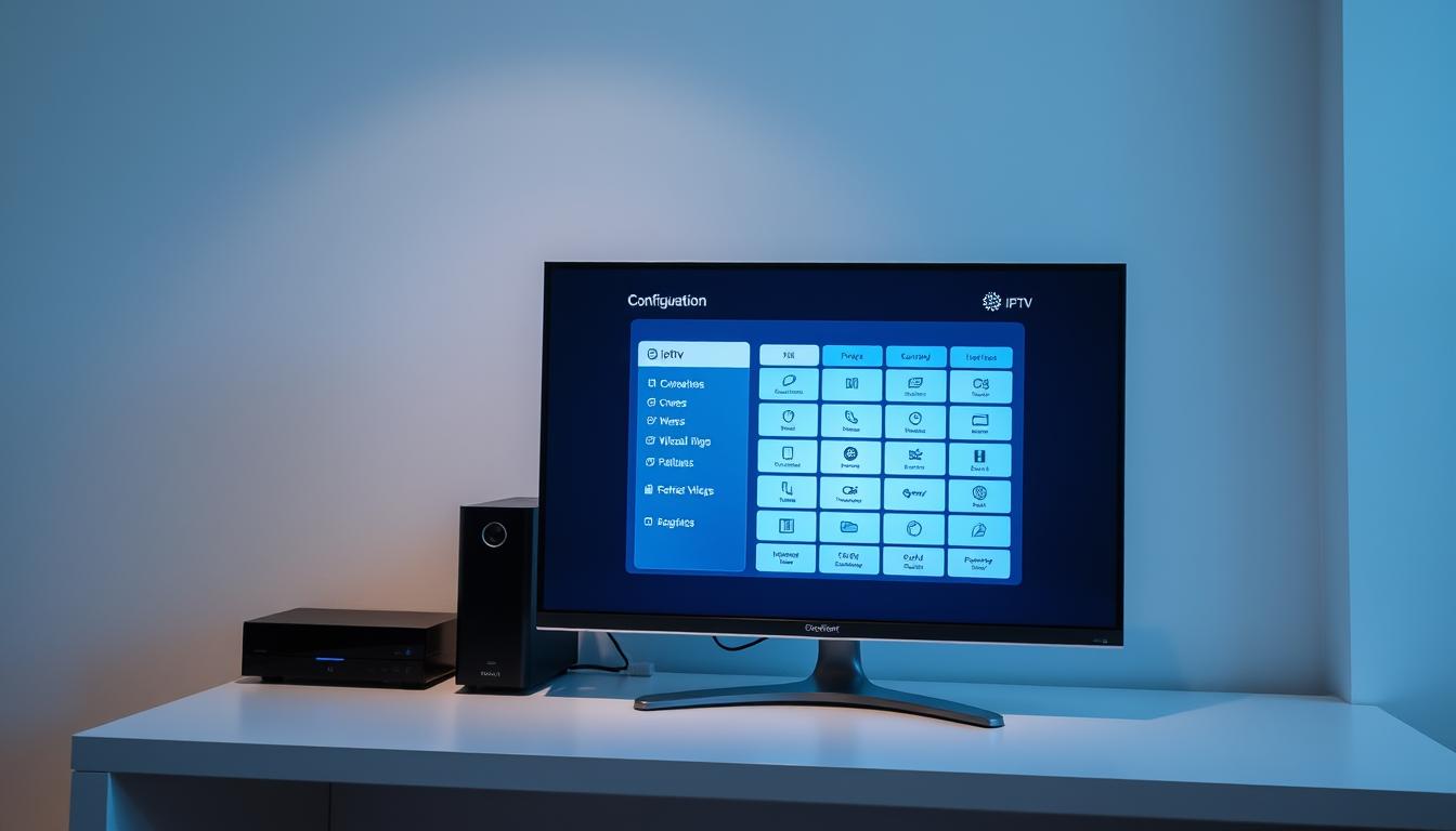 A sleek and modern IPTV set-up with a minimalistic user interface displayed on a high-resolution display. The screen showcases a clean grid layout with intuitive icons and menus, guiding the user through the configuration process. Soft, indirect lighting illuminates the scene, creating a calm and professional atmosphere. The setup is placed on a simple, uncluttered desk, suggesting a focused and efficient working environment. The overall composition emphasizes the clarity and ease of use of the IPTV system, reflecting the subject of the article's section on the installation and configuration process.
