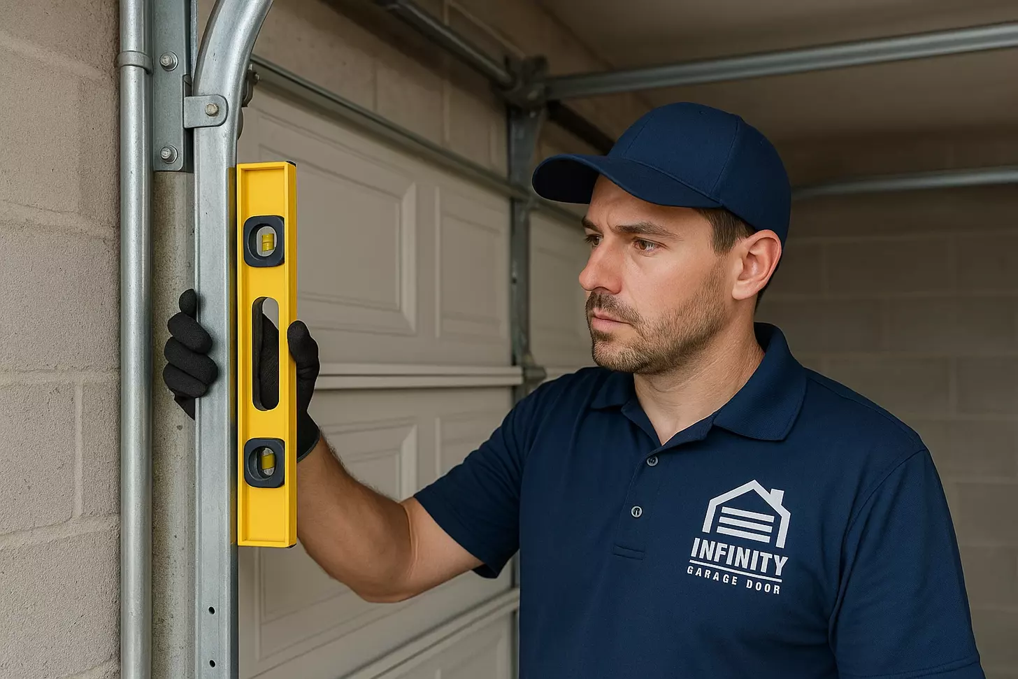 Infinity Garage Door technician checking roller alignment during repair in Las Vegas