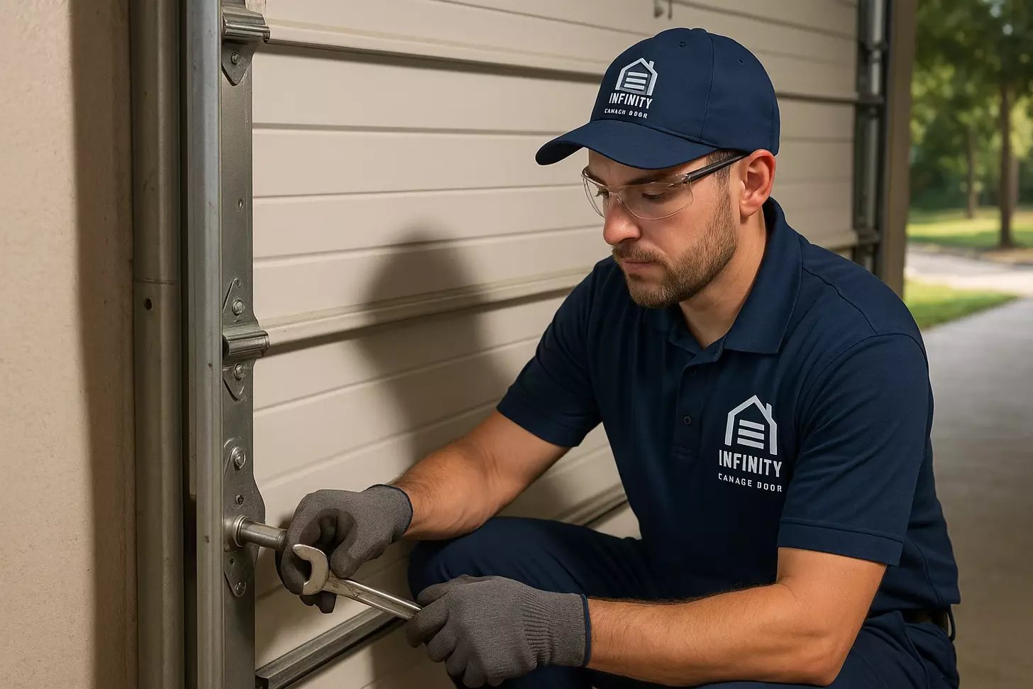 Technician performing garage door roller repair Las Vegas for bottom rollers
