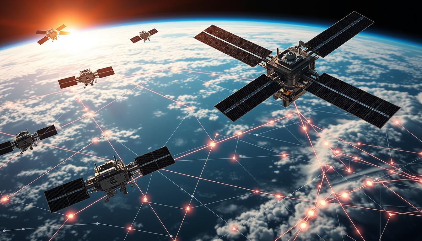 A futuristic global satellite communication network, captured from a dynamic aerial perspective. In the foreground, a constellation of sleek, interconnected satellites orbiting the Earth, their shimmering metallic casings reflecting the warm glow of a distant sun. In the middle ground, intricate webbing of data streams and communication channels, visualized as intricate neon-lit pathways, pulsing with the transfer of information across vast distances. The background depicts a sweeping vista of our planet, its landmasses and oceans visible through wispy clouds, symbolizing the seamless, worldwide reach of this advanced satellite infrastructure. The scene is bathed in a soft, ethereal lighting, conveying a sense of technological elegance and the transformative potential of satellite connectivity.