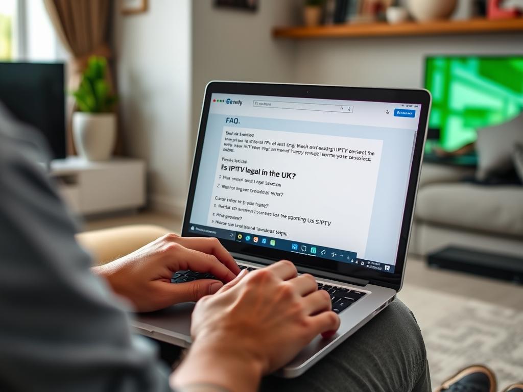 Person researching IPTV services on laptop with FAQ visible