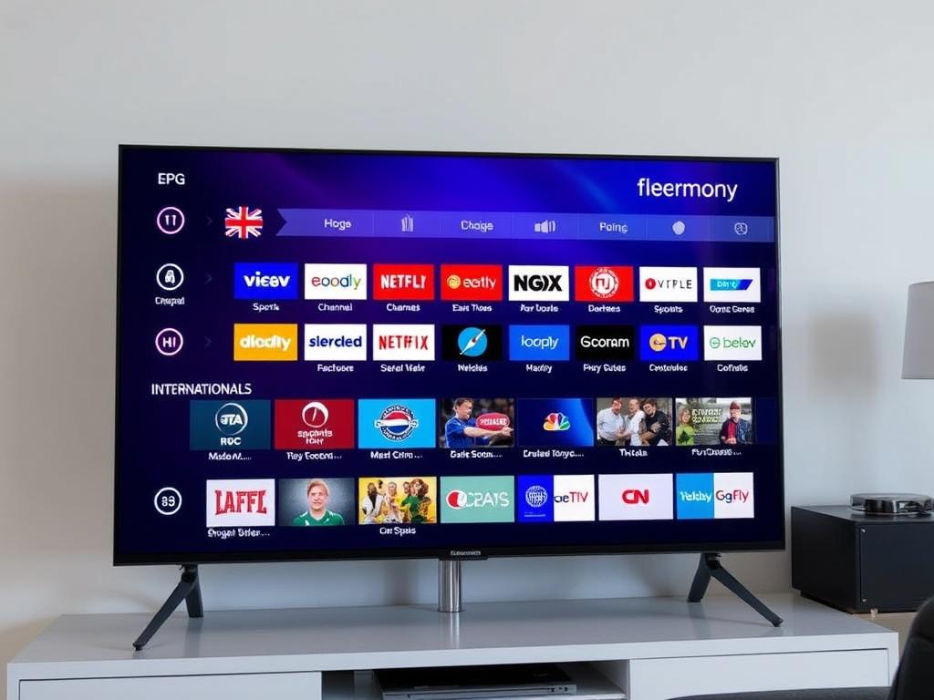 IPTV Harmony interface showing multiple channel categories and EPG