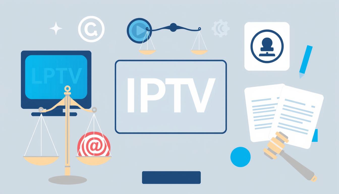 Legal considerations for IPTV services illustrated with legal scales and streaming symbols