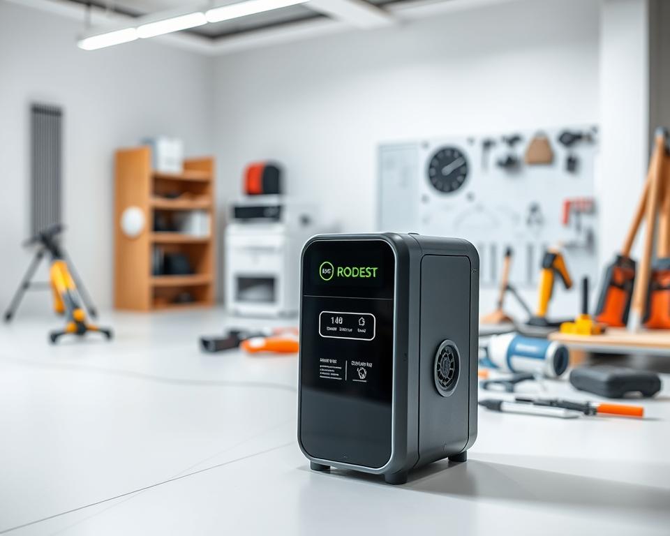 A high-tech rodent control device, with a sleek and modern design, standing prominently in the foreground. The device utilizes advanced sensors and mechanisms to detect and trap rodents, ensuring effective pest management. In the middle ground, a well-organized workspace with various tools and gadgets related to rodent control, creating a sense of professionalism and expertise. The background depicts a minimalist, well-lit interior, conveying a clean and efficient environment conducive to effective pest control solutions. The overall scene exudes a sense of innovation, precision, and a commitment to protecting homes from unwanted rodent intrusions.