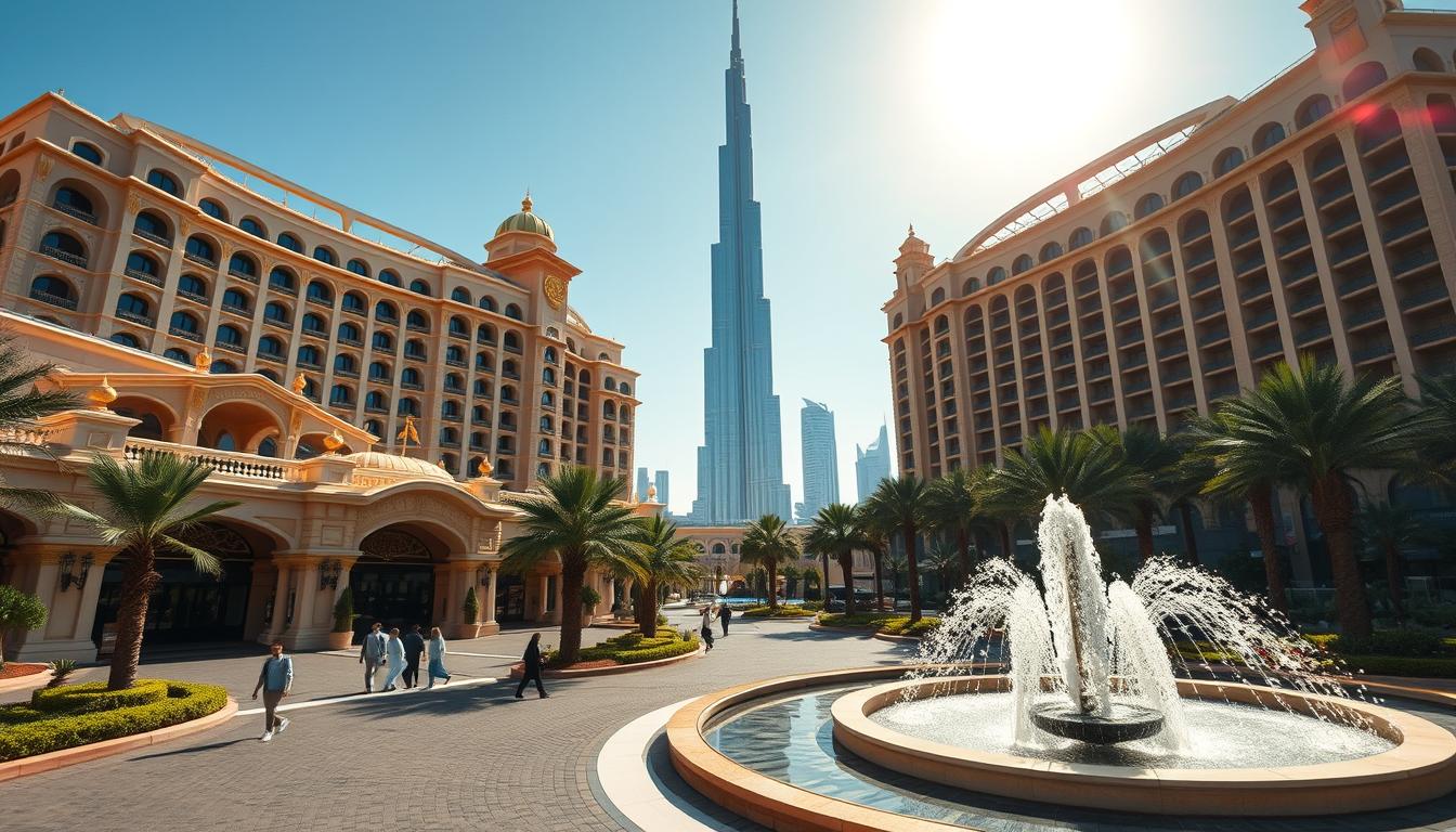 A grand, opulent 5-star hotel in Dubai, its towering facade gleaming in the warm desert sunlight. The foreground depicts the hotel's grand entrance, with ornate Arabic architecture, gilded accents, and a elegant water fountain. In the middle ground, guests stroll along the landscaped gardens, surrounded by palm trees and lush greenery. The background showcases the iconic Dubai skyline, with the Burj Khalifa skyscraper rising majestically into the azure sky. The scene exudes an atmosphere of luxury, sophistication, and modern Middle Eastern elegance.