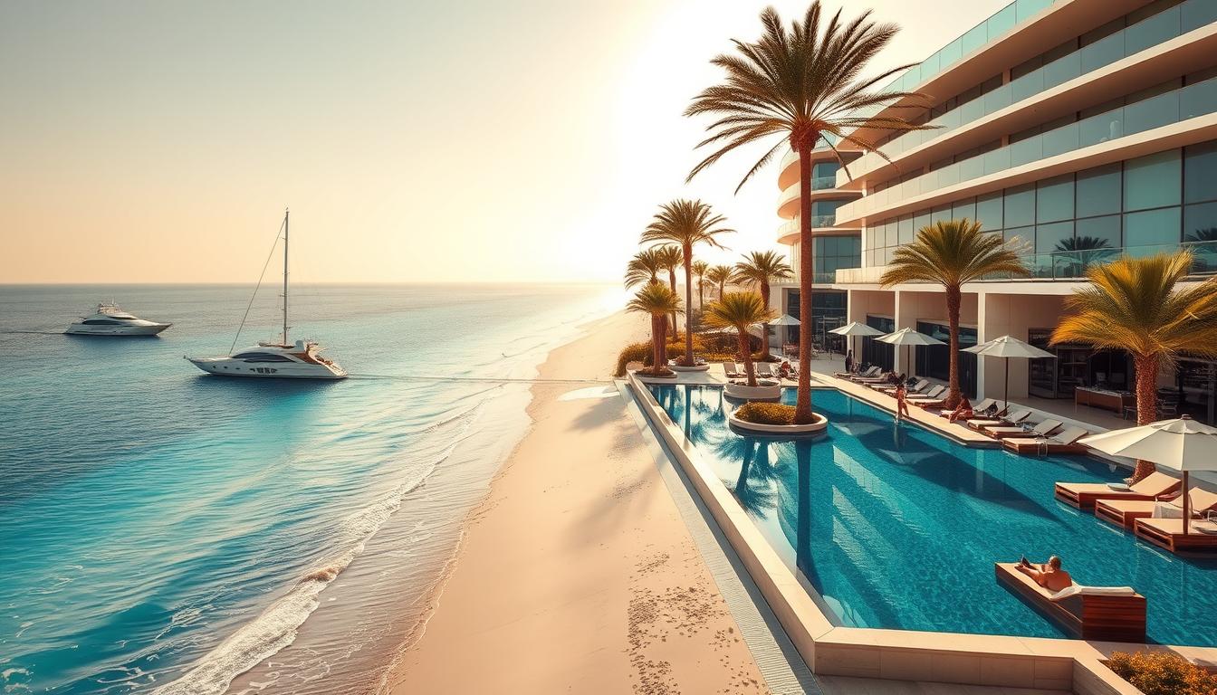 A breathtaking beachfront 5-star hotel in Dubai, with a grand, modern architecture featuring sleek glass and steel facades. The hotel sits nestled along a pristine white sand beach, with crystal clear turquoise waters lapping at the shore. Lush palm trees sway gently in the warm breeze, casting dappled shadows across the hotel's stunning infinity pool and adjacent sun loungers. Guests can be seen relaxing poolside, taking in the stunning views of the Arabian Gulf. The hotel's exterior is bathed in warm, golden late afternoon light, creating a serene and luxurious atmosphere. A pair of luxury yachts can be seen anchored just offshore, adding to the exclusive and sophisticated ambiance.
