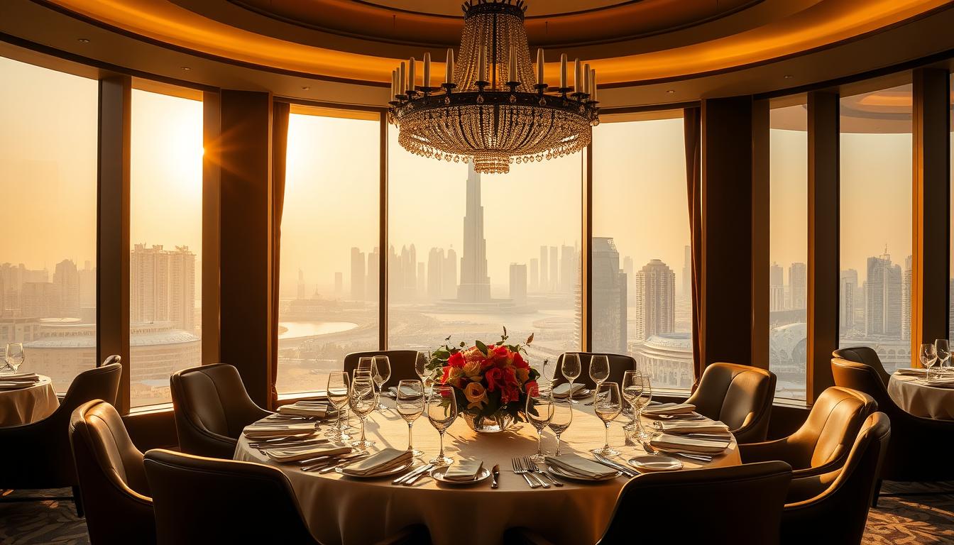 A luxurious dining scene in the heart of the UAE, bathed in warm, golden light filtering through expansive floor-to-ceiling windows. A grand, contemporary chandelier casts a soft, ambient glow over the elegant table setting, adorned with fine china, crystal glassware, and a centerpiece of fresh, vibrant flowers. The backdrop features a panoramic view of the UAE's iconic skyline, including the Burj Khalifa towering in the distance. Plush, leather-upholstered chairs surround the table, inviting guests to indulge in a refined, gastronomic experience. The overall atmosphere exudes sophistication, comfort, and a celebration of the UAE's evolving hospitality landscape.