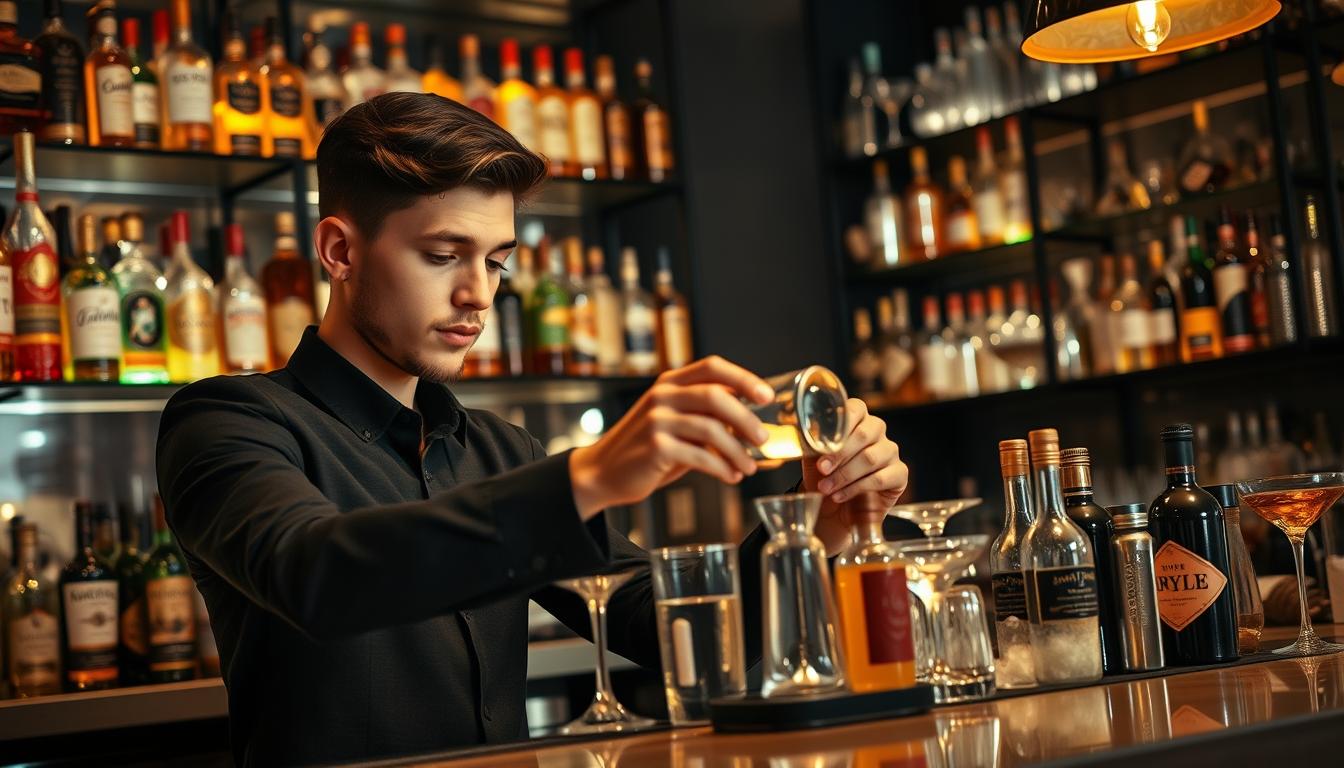 A young, charismatic bartender standing behind a sleek, well-stocked bar, concentrating intently as they delicately measure and pour a variety of liquors and mixers. Soft, warm lighting illuminates the scene, casting a cozy, inviting atmosphere. In the background, shelves display an array of premium spirits, glassware, and cocktail tools, hinting at the bartender's impressive knowledge and skill. The bartender's expression exudes a blend of focus, creativity, and passion, embodying the essence of a rising &quot;junior mixologist&quot; dedicated to their craft.